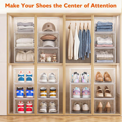 7 code Thicken & Sturdy Clear Shoe Storage Organizer with Magnetic Door, Stackable Boxes for Closet, Foldable Shoe Rack for Sneaker Boot Container, Plastic Shoe Cabinet Shoe Box 6 Pack, Black