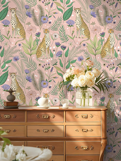 Floralplus Peel and Stick Wallpaper Leopard Jungle Removable Wallpaper for Bathroom Renter Friendly Wallpapers Self Adhesive Animal Floral Contact Paper for Accent Wall 17.5 x 118 in
