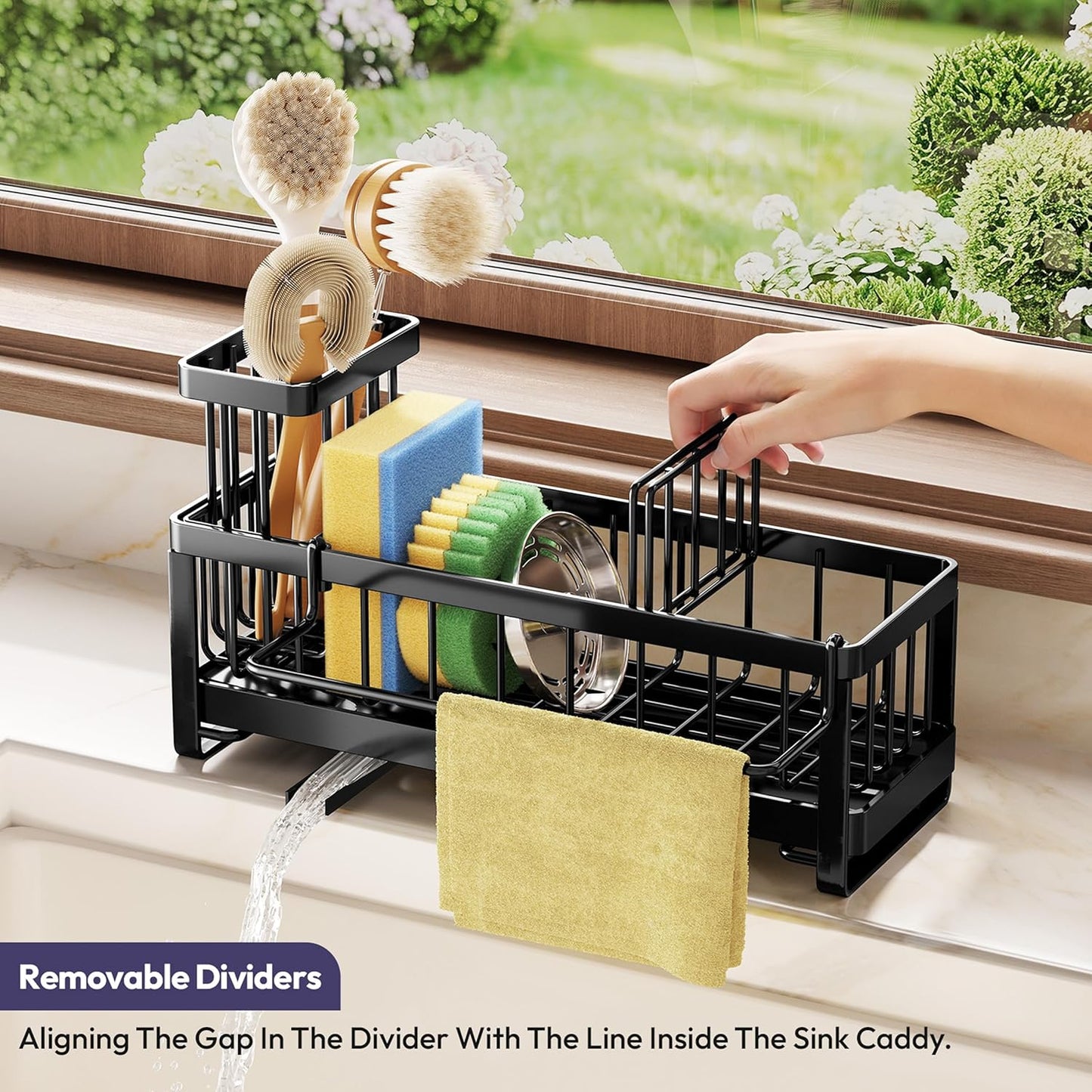 SWTYMIKI Sink Caddy Sponge Holder - Large Sponge Holder for Kitchen Sink with 360°Auto-Drain Tray, Rustproof Stainless Steel Kitchen Organizer Caddy for Countertop Organization