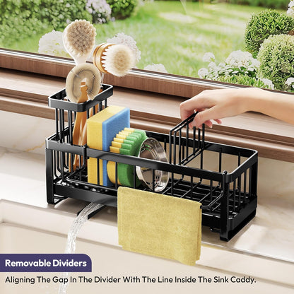 SWTYMIKI Sink Caddy Sponge Holder - Large Sponge Holder for Kitchen Sink with 360°Auto-Drain Tray, Rustproof Stainless Steel Kitchen Organizer Caddy for Countertop Organization