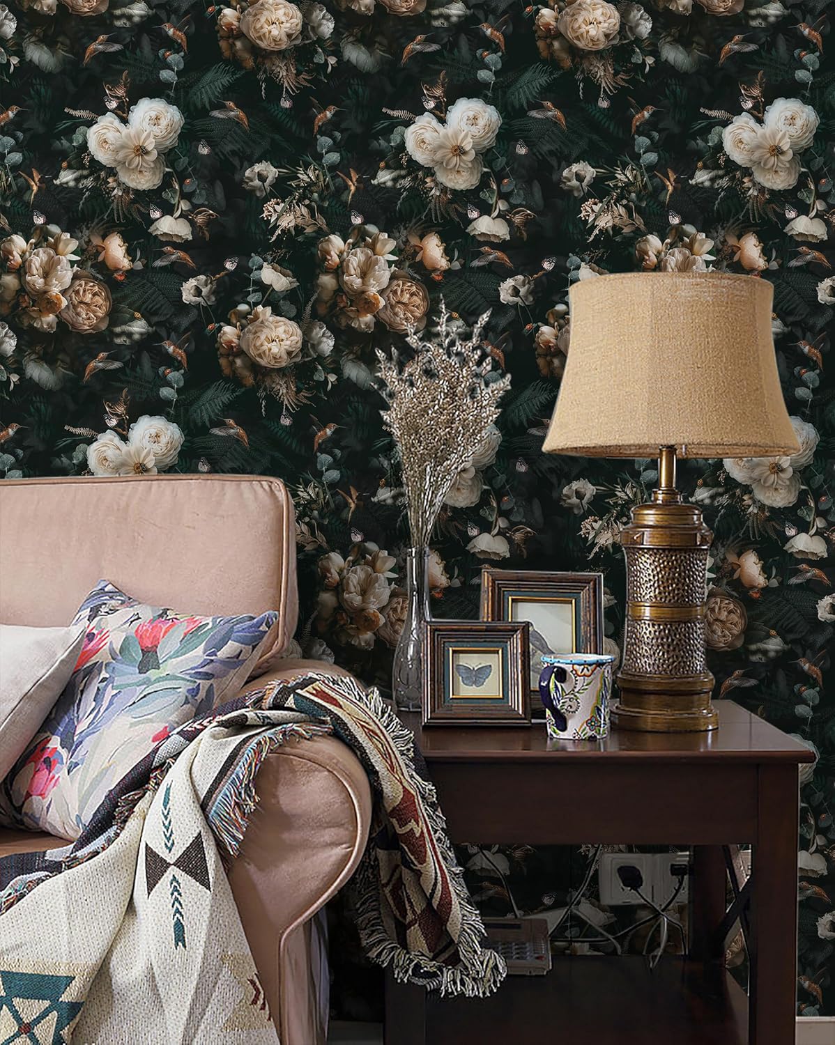 Floralplus Peel and Stick Wallpaper Removable Dark Floral Wallpaper 17.5 x 393 in Renter Friendly Wallpapers for Bedroom Accent Wall Black Floral Contact Paper Flower Wall Mural