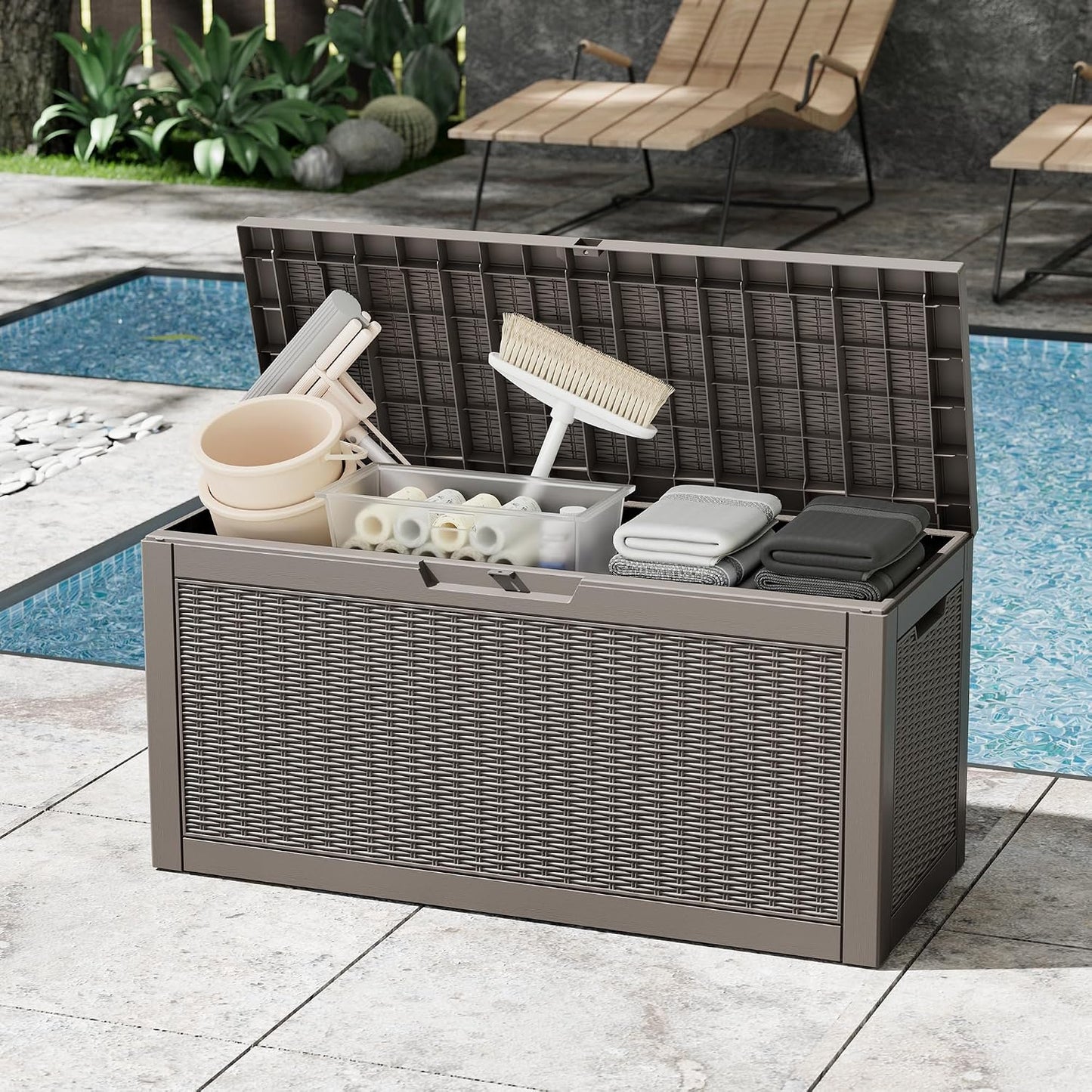 Outdoor Storage Box, Resin Deck Boxes Indoor and outdoor, Waterproof Storage Box Lockable Lid (Black, 85 Gallon)