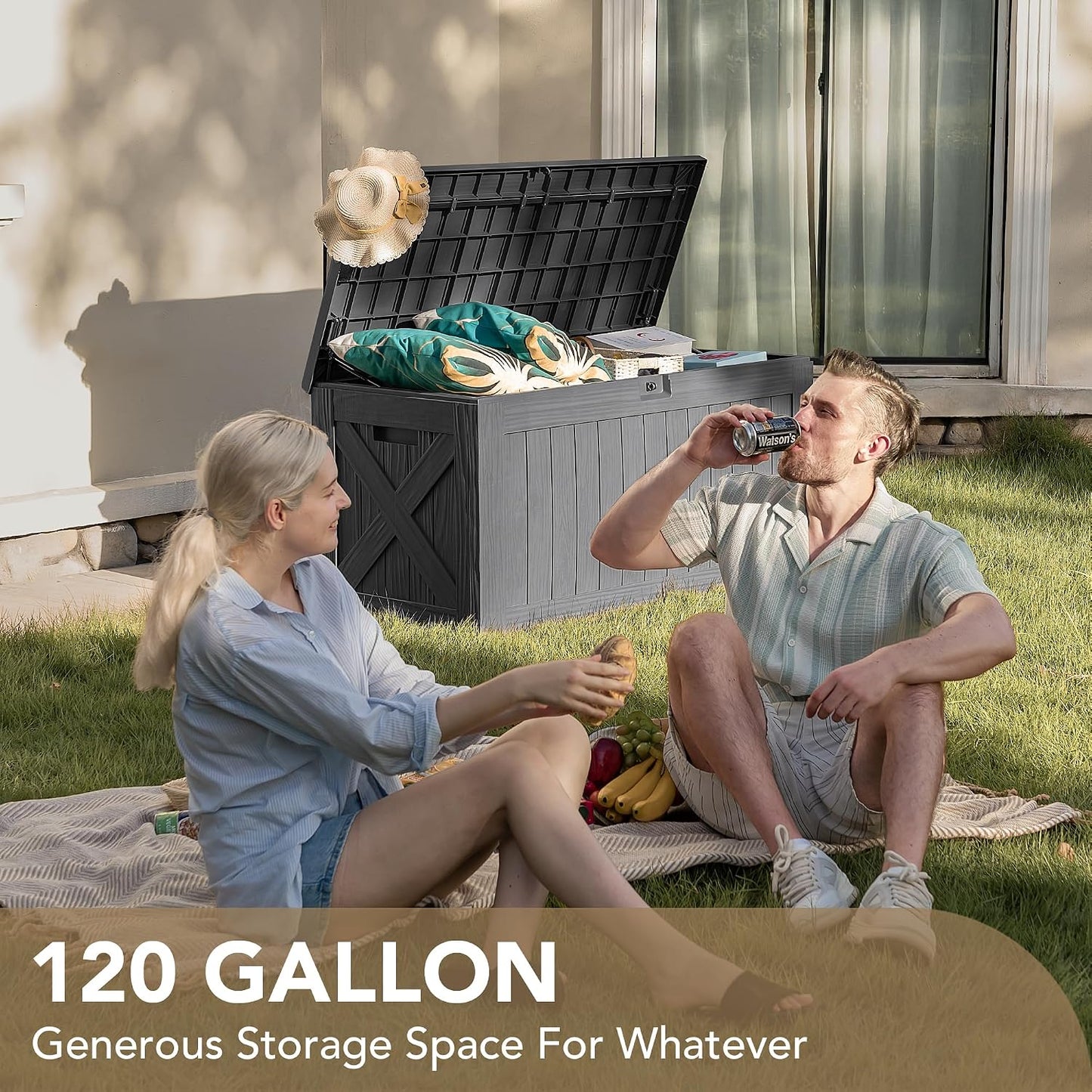Devoko 120 Gallon Deck Box Resin Outdoor Storage Box Waterproof for Patio, Large Outdoor Storage Bench Lockable for Outside (Black)