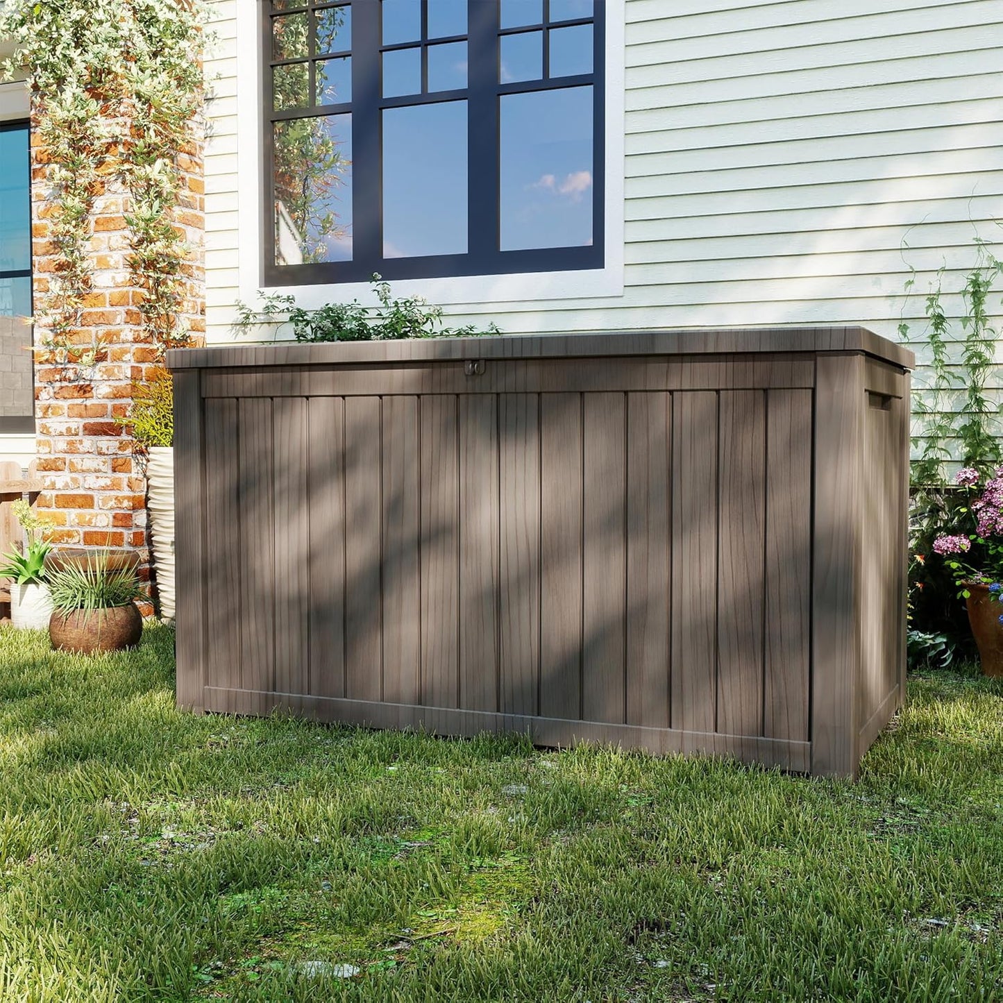 200 Gallon Deck Boxes Outdoor Waterproof, Outdoor Storage Box with Lockable Lid & UV-Resistant for Patio Furniture, Outdoor Cushions, Garden Tools and Pool Supplies, Light Brown