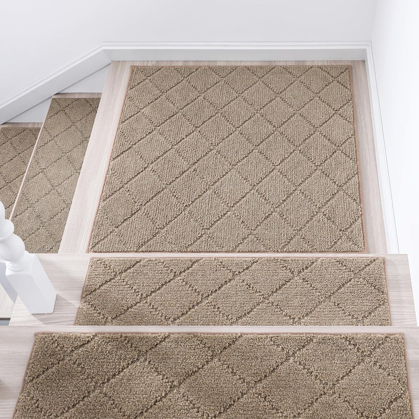 COSY HOMEER Edging Stair Treads Non-Slip Carpet Mat 28inX9in Indoor Stair Runners for Wooden Steps, Edging Stair Rugs for Kids and Dogs, 100% Polyester TPE Backing(4pc, Beige)