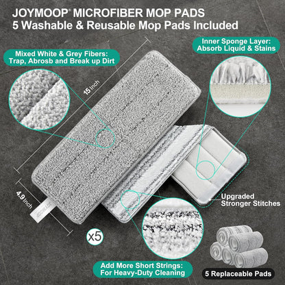 JOYMOOP Mop and Bucket Set, Flat Mops for Floor & Wall Cleaning, Commercial & Household Use, Hardwood Floor Mop with Long Handle & 4 Microfiber Pads