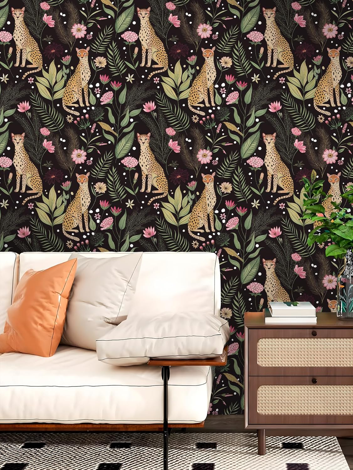 Floralplus Peel and Stick Wallpaper Leopard Jungle Removable Wallpaper for Bathroom Renter Friendly Wallpapers Self Adhesive Animal Floral Contact Paper for Accent Wall 17.5 x 118 in