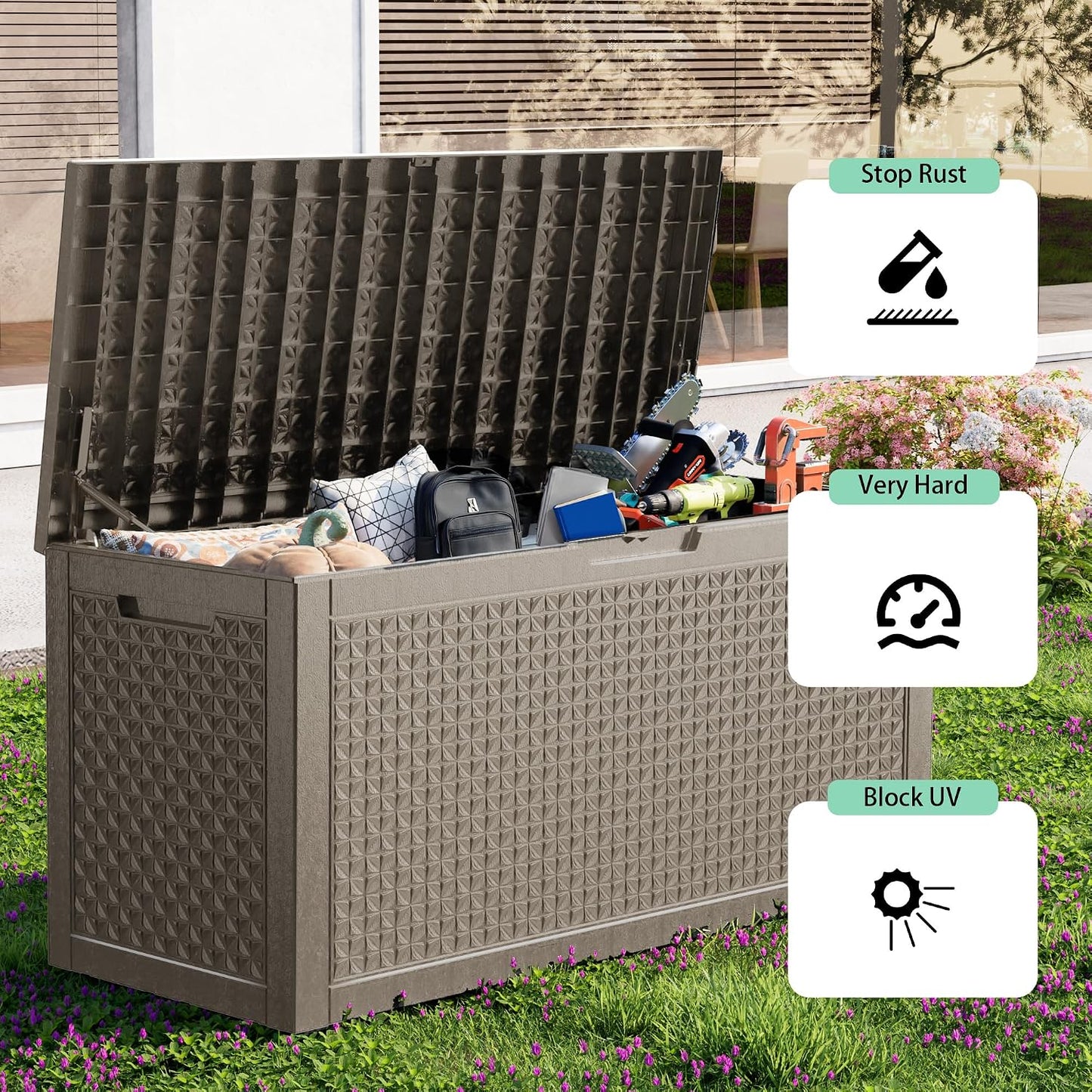 ROJIK 120 Gallon Waterproof Outdoor Deck Storage Box, Lockable Resin Patio Storage Bin with Lid for Garden Tools, Patio Cushions & Outdoor Accessories(Black)