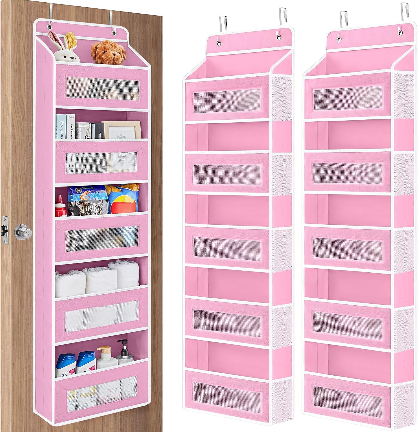 JARLINK 2 Pack Over the Door Organizer Storage, 5 Shelf Hanging Door Organizer with 5 Large Capacity Pockets, Anti Tilt 44 lb Load Behind Door Storage for Bedroom, Bathroom, Pantry, Nursery, (Grey)