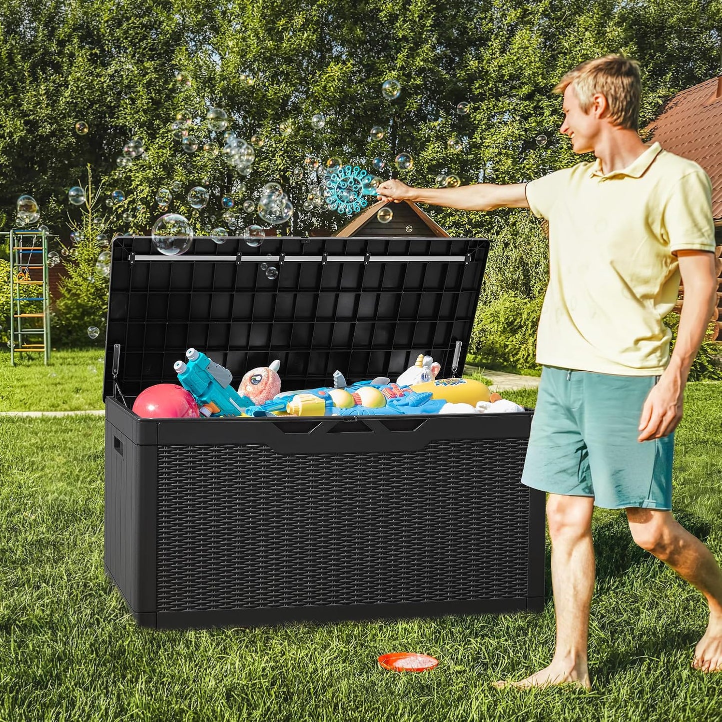 Greesum 100 Gallon Resin Deck Box Large Outdoor Storage with Cushions for Patio Furniture, Garden Tools, Pool Supplies, Weatherproof and UV Resistant, Lockable, Black