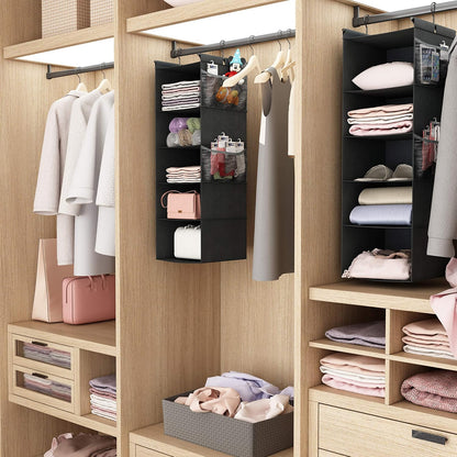 MAX Houser 4-Shelf Hanging Closet Organizer, Space Saver, Cloth Hanging Shelves with 2 Side Pockets, Foldable (Beige)