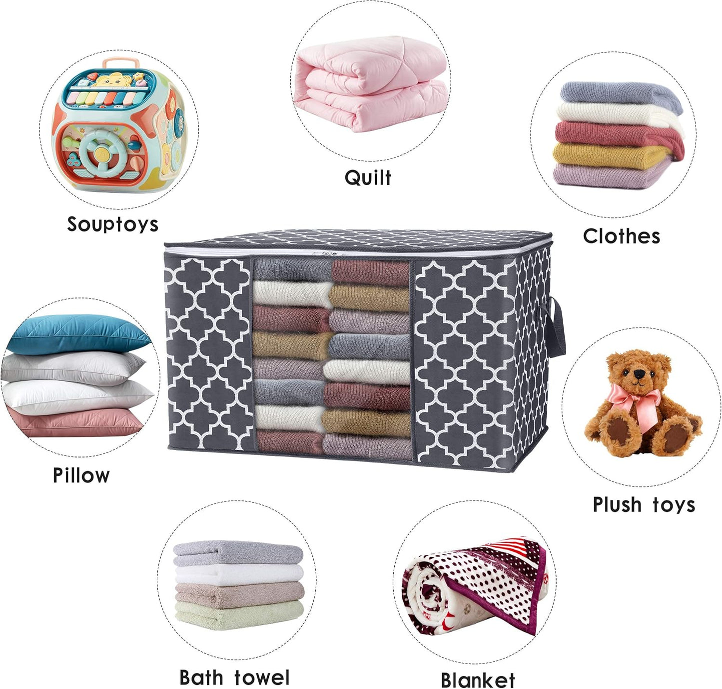 WISELIFE Storage Bags, Large Blanket Clothes Organization and Storage Containers for Bedding, Comforters, Foldable Organizer with Reinforced Handle, Clear Window,Sturdy Zippers,(Grey, 3 x 100L)