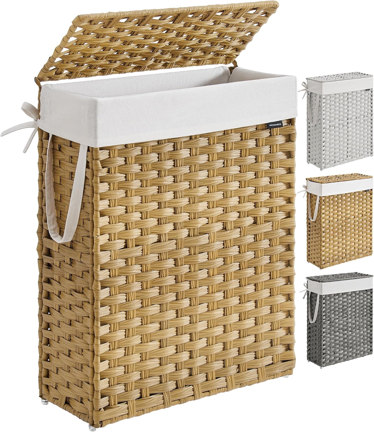 SONGMICS Laundry Hamper with Lid, 23.8 Gallon (90 L) Synthetic Rattan Clothes Laundry Basket with Lid and Handles, Foldable, Removable Liner, Chestnut Brown ULCB051K02