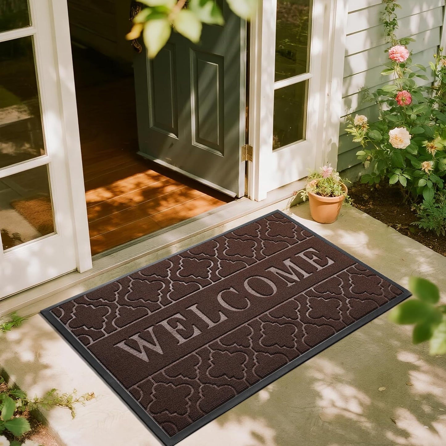Yimobra Welcome Mat Outdoor Indoor, All-Weather Waterproof Front Door Mat Outside Entrance, Non-Slip Low Profile Porch Patio Doormat, 29.5x17, Black