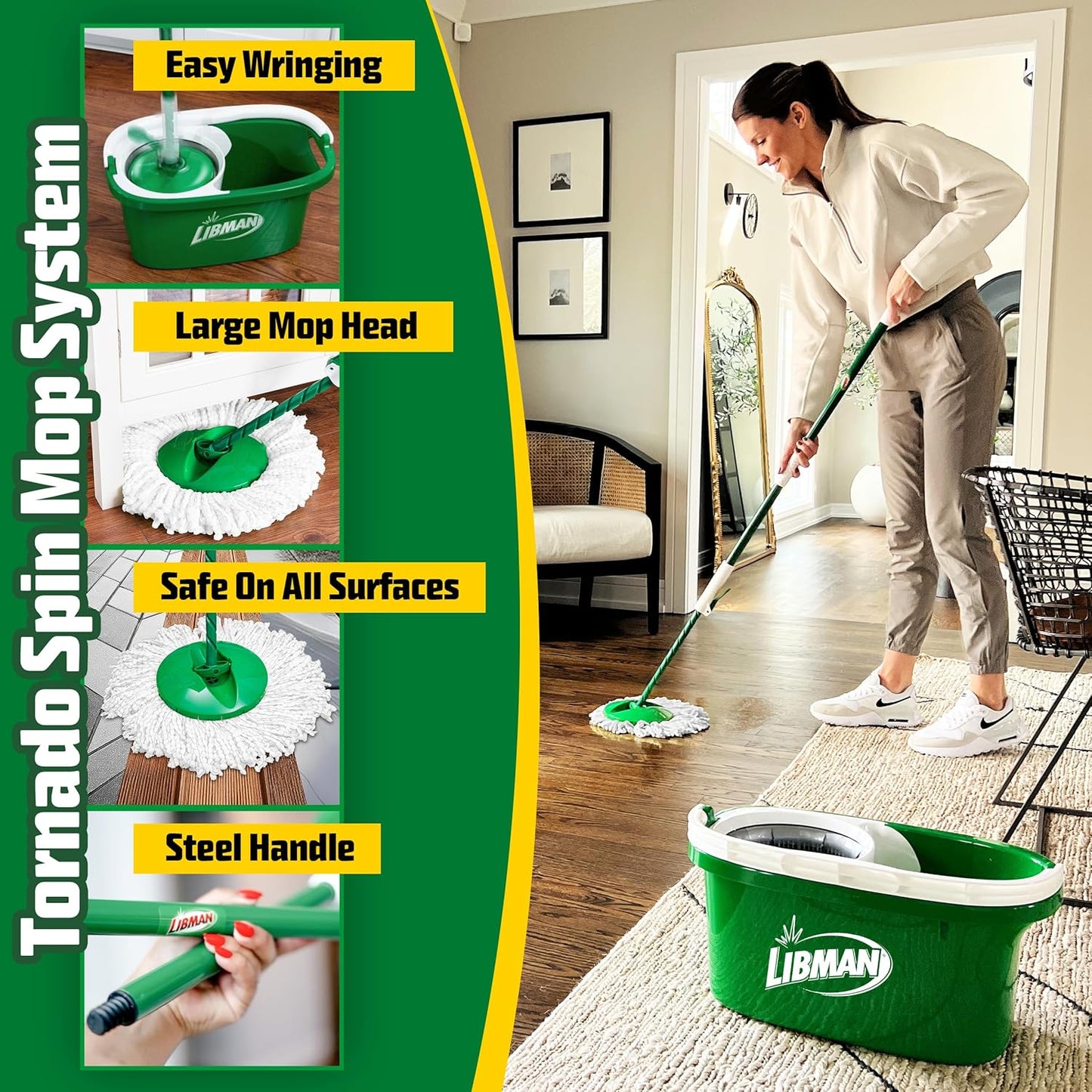 Libman Tornado Spin Mop System and 1 Refill, Mop and Bucket with Wringer Set for Hardwood Floor Cleaning, 2 Total Heads Included
