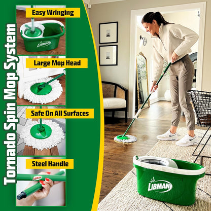 Libman Tornado Spin Mop System and 1 Refill, Mop and Bucket with Wringer Set for Hardwood Floor Cleaning, 2 Total Heads Included