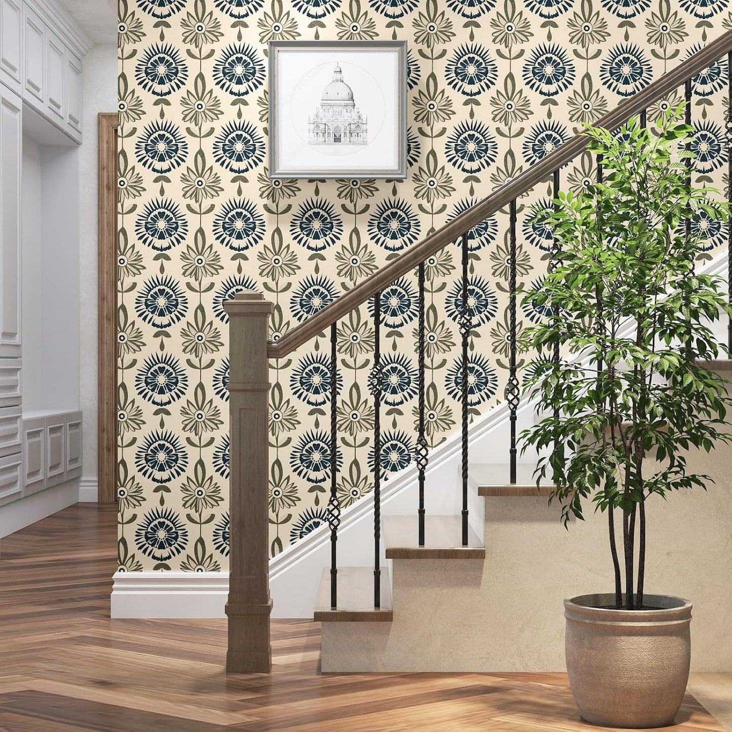 BOKEBEVE Leaves Contact Paper Floral Wallpaper Stick and Peel Boho Damask Wall Paper for Liner Drawer Cabinet Backsplash Renter Friendly Waterproof 17.5 x 118In