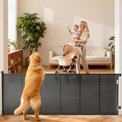 Retractable Baby Gate for Stairs, 42" Tall X 200" Wide Mesh Dog Gate Indoor, Child Gate for Doorways, Hallways, Deck, Indoor Outdoor Pet Baby Safety Essentials for Home, Black