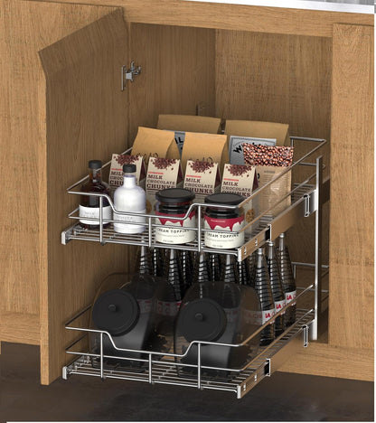 2 Tier Pull Out Cabinet Organizer 11" W X 22" D, Slide Out Drawers For Kitchen Cabinets, Pull Out Drawers For Cabinets Capacity Heavy Duty Caddy, Cabinet Pullout Shelves Chrome-Plated, Bathroom Pantry