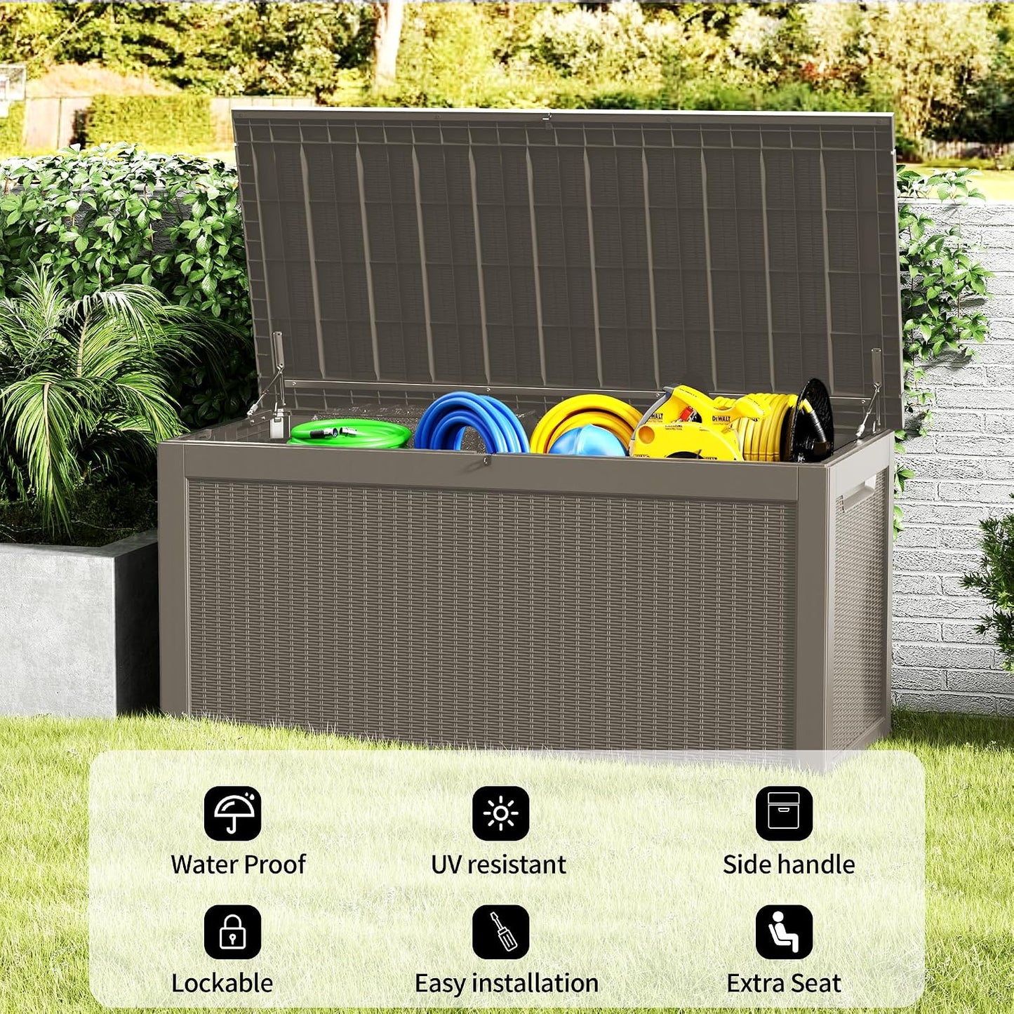 Outdoor Storage Box 325GAL Waterproof Resin Deck Box,Pool Accessories Supplies，UV-Resistant Lockable Package Delivery Bin for Garden Tools,Large Patio Outside Cushions,Chest,Furniture,Black