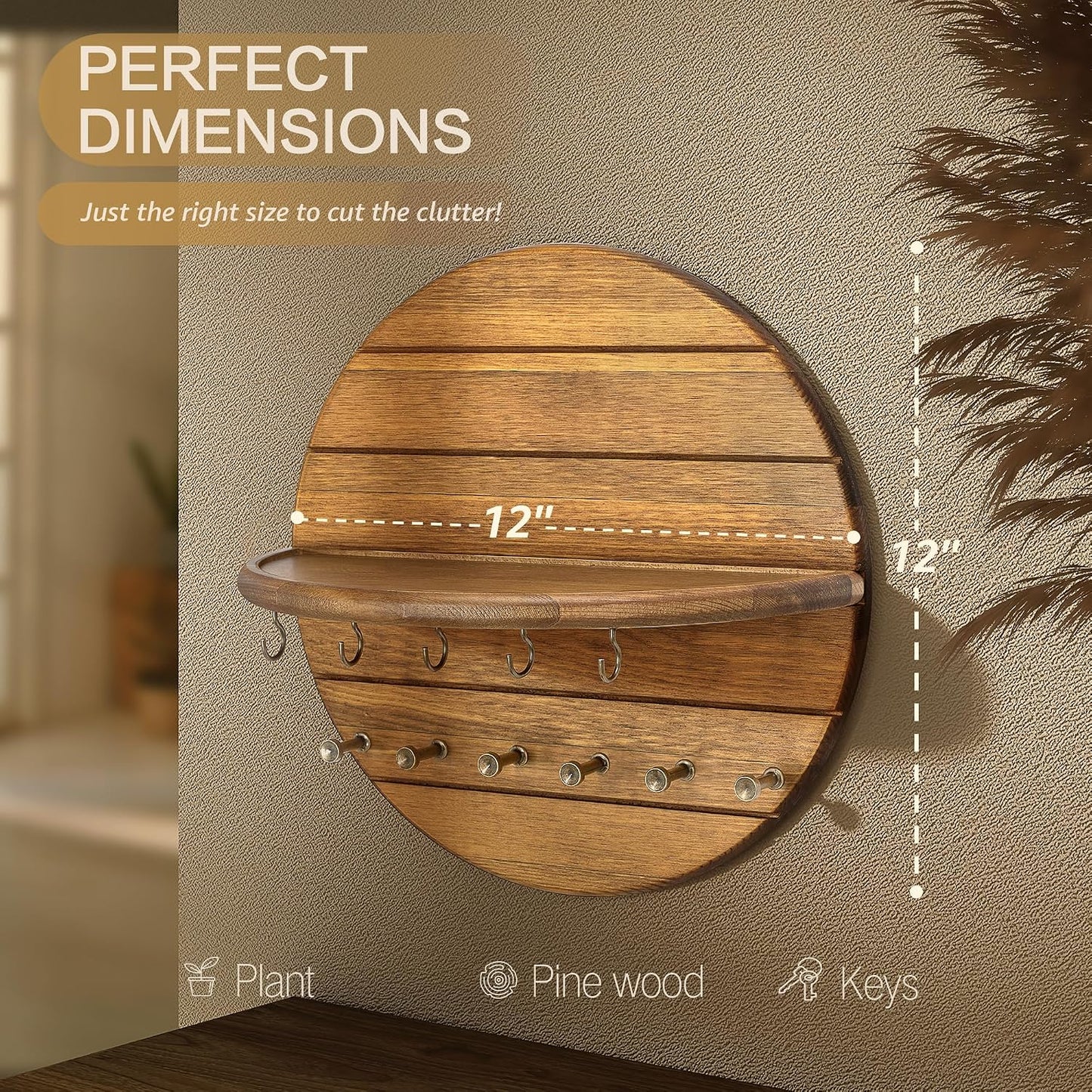 Rebee Vision Pine Wood Key Holder Wall Mount – Rustic Wooden Key Hooks for Wall with Shelf – Decorative Mail Organizer, Coat Rack & Dog Leash Holder for Home Decor, Entryway and Living Room (Brown)