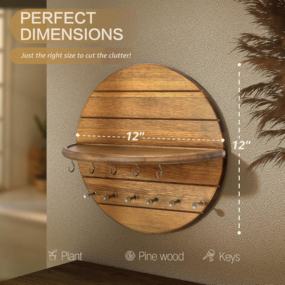 Rebee Vision Pine Wood Key Holder Wall Mount – Rustic Wooden Key Hooks for Wall with Shelf – Decorative Mail Organizer, Coat Rack & Dog Leash Holder for Home Decor, Entryway and Living Room (Brown)