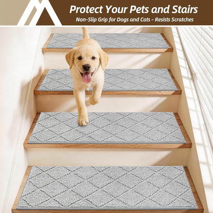 COSY HOMEER Edging Stair Treads Non-Slip Carpet Mat 28inX9in Indoor Stair Runners for Wooden Steps, Edging Stair Rugs for Kids and Dogs, 100% Polyester TPE Backing(4pc, Beige)