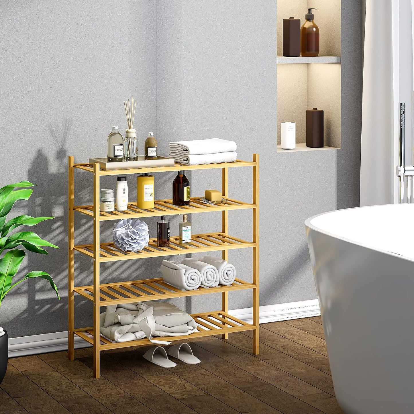 BMOSU 2-Tier Bamboo Small Shoe Rack Premium Stackable Shoe Shelf Storage Organizer for Hallway Closet Living Room Entryway Organizer (Black Bamboo)