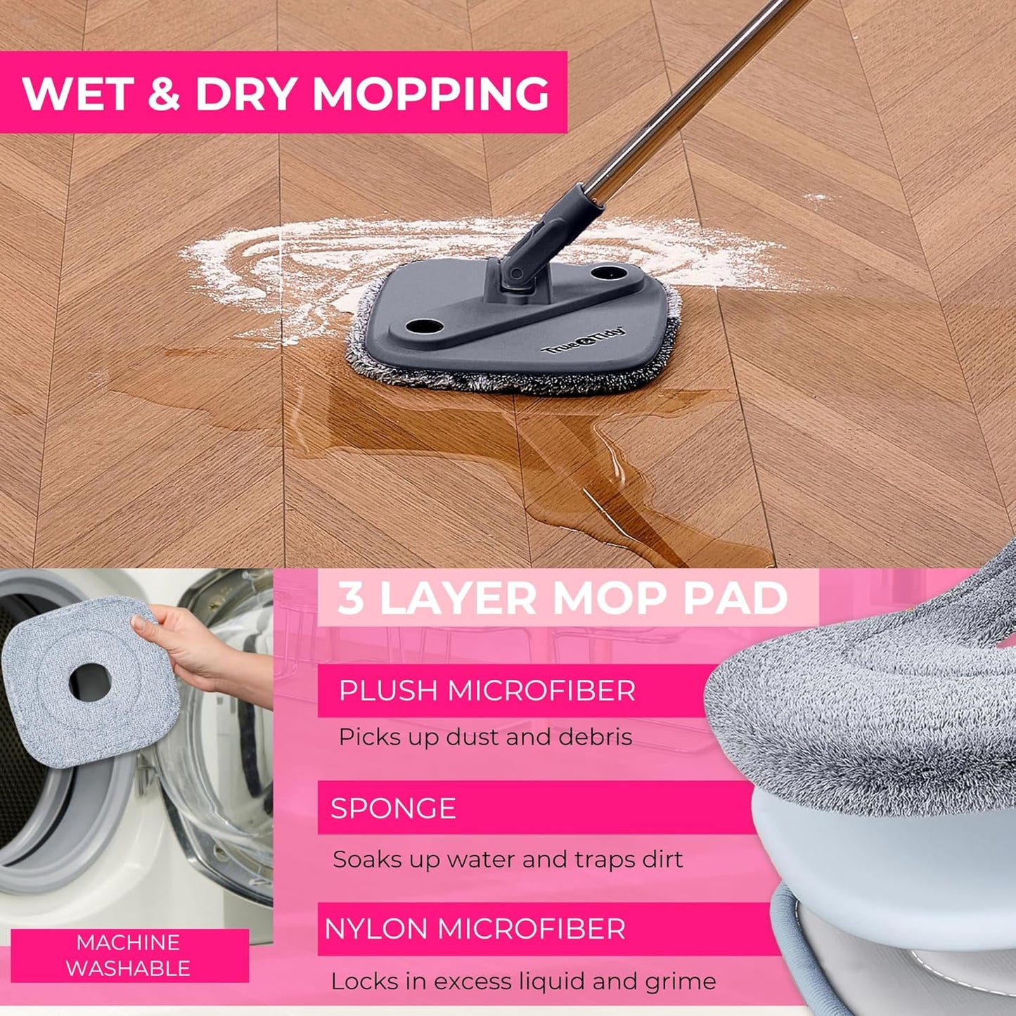 True & Tidy True Clean Spin Mop & Bucket System – Dual Compartment Design for Clean & Dirty Water, 360° Swivel Mop Head, Built-in Scrubbing Brush, Stainless Steel Handle & 2 Reusable Microfiber Pads