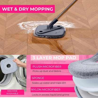 True & Tidy True Clean Spin Mop & Bucket System – Dual Compartment Design for Clean & Dirty Water, 360° Swivel Mop Head, Built-in Scrubbing Brush, Stainless Steel Handle & 2 Reusable Microfiber Pads