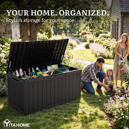 YITAHOME 95 Gallon Outdoor Storage Deck Box | Waterproof Resin Deck Box w/Handles, Lockable Outdside Deck Box for Patio Furniture, Garden Tools, Lockable & UV