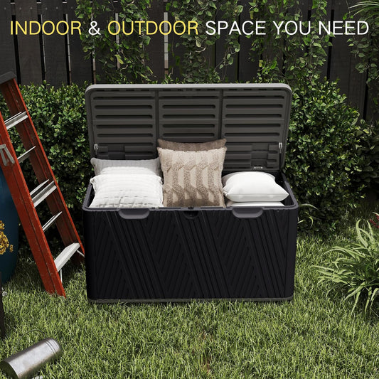 Kingdura 110 Gallon Outdoor Storage Box, Waterproof Resin Deck Box for Indoor and Outdoor Use, Lockable Storage Container for Patio Furniture Cushions Garden Tools (Coffee, 110 Gallon)