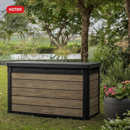 Keter Signature Everwood 30 Gallon Resin Outdoor Storage Box and Patio Furniture Side Table for Pool and Garden Accessories, Walnut