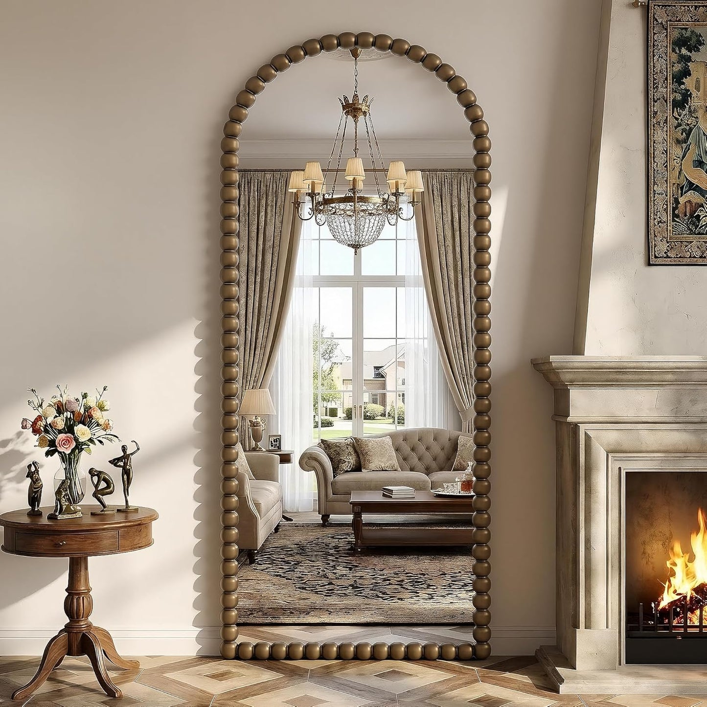 Antok 58" x 21" Arched Full Length Mirror, Antique Beaded Frame Floor Standing or Wall Mounted Mirror with Stand for Bedroom, Entryway, Brown, Luxury Style