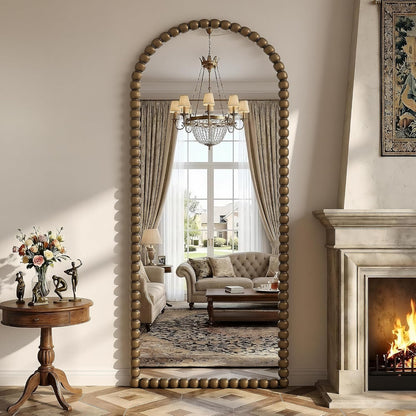 Antok 58" x 21" Arched Full Length Mirror, Antique Beaded Frame Floor Standing or Wall Mounted Mirror with Stand for Bedroom, Entryway, Brown, Luxury Style
