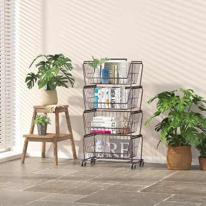PUSDON 6-Tier Tall Stackable Wire Storage Baskets with Wheels, Vertical Metal Rolling Utility Cart, High Capacity Produce Basket for Kitchen Pantry, Snack Organizer, Matte Black