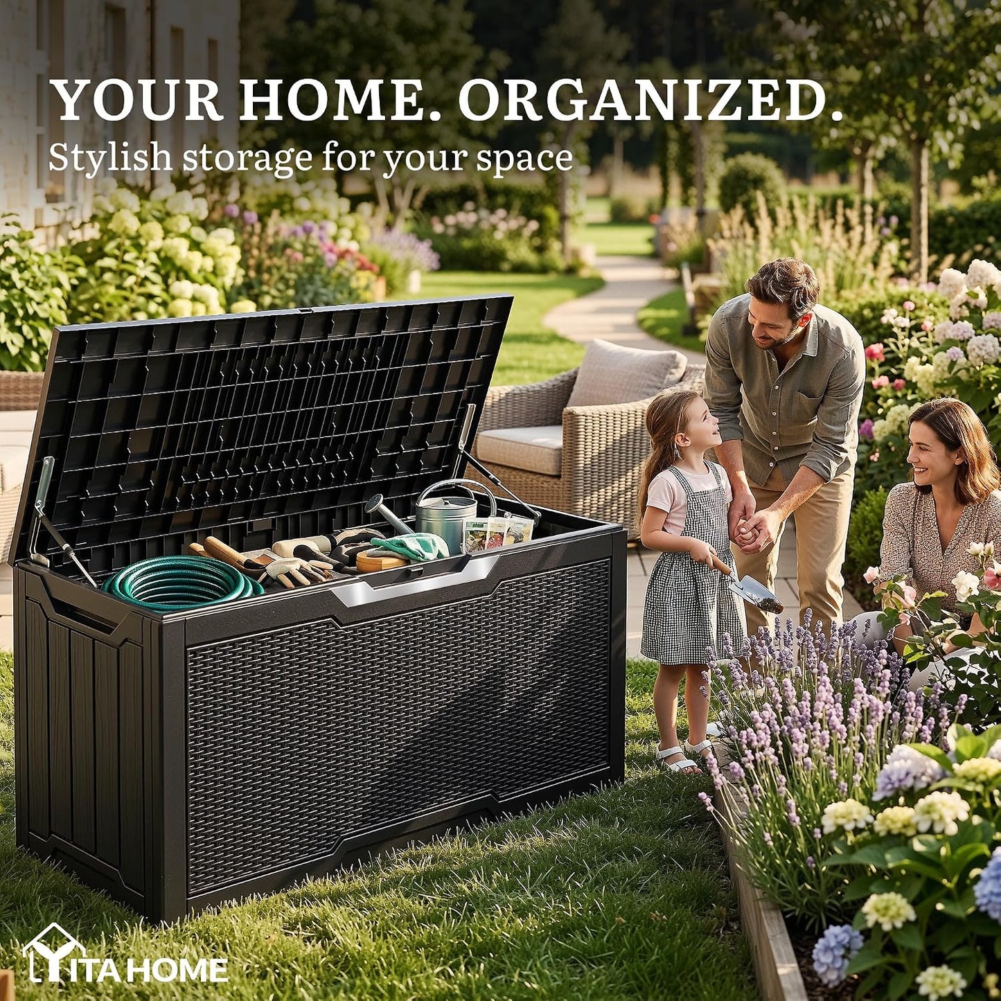 YITAHOME 100 Gallon Large Outdoor Deck Box | Waterproof Resin Storage Box, Lockable Indoor Outdoor Storage Container for Patio Furniture Cushions, Pool Accessories