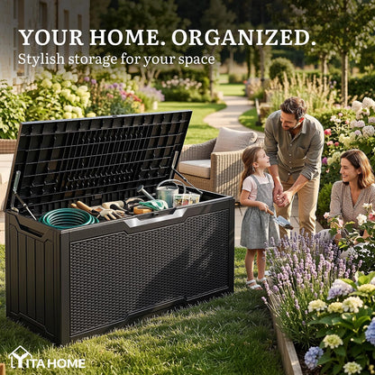 YITAHOME 100 Gallon Large Outdoor Deck Box | Waterproof Resin Storage Box, Lockable Indoor Outdoor Storage Container for Patio Furniture Cushions, Pool Accessories