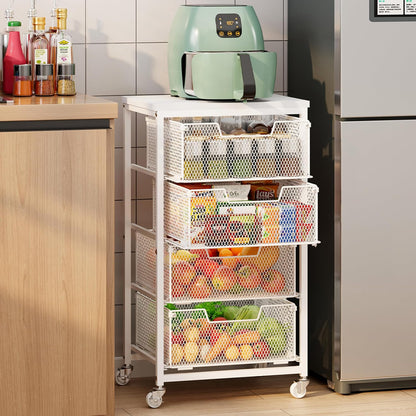 4 Tier Kitchen Rolling Cart, Kitchen Storage Cart with Wheels, Adjust Pantry Organizer and Storage Cart with Drawer, Fruit Vegetable Spice Storage Cart, Wooden Top Metal Kitchen Organizer Rack Stand