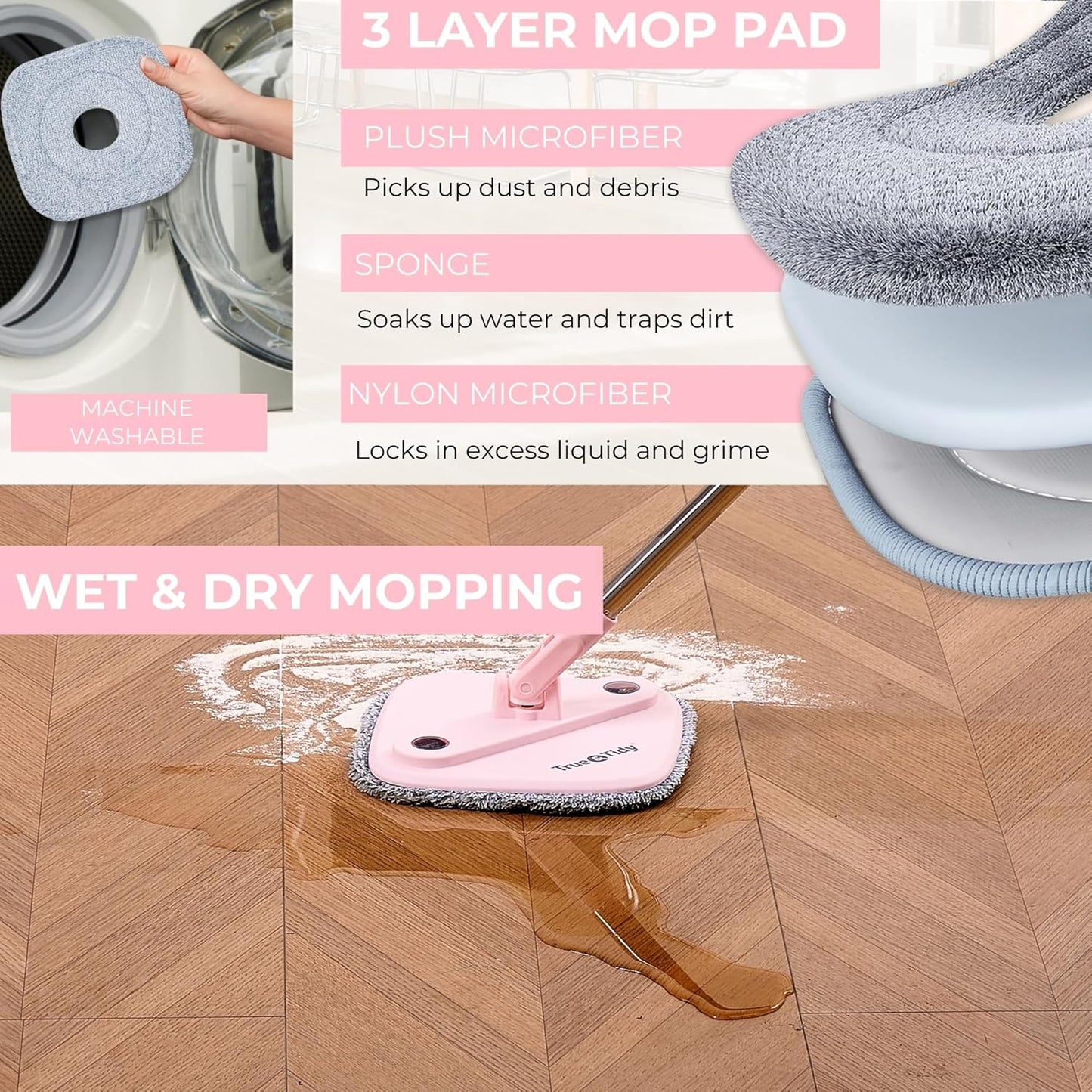 True & Tidy True Clean Spin Mop & Bucket System – Dual Compartment Design for Clean & Dirty Water, 360° Swivel Mop Head, Built-in Scrubbing Brush, Stainless Steel Handle & 2 Reusable Microfiber Pads