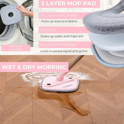 True & Tidy True Clean Spin Mop & Bucket System – Dual Compartment Design for Clean & Dirty Water, 360° Swivel Mop Head, Built-in Scrubbing Brush, Stainless Steel Handle & 2 Reusable Microfiber Pads