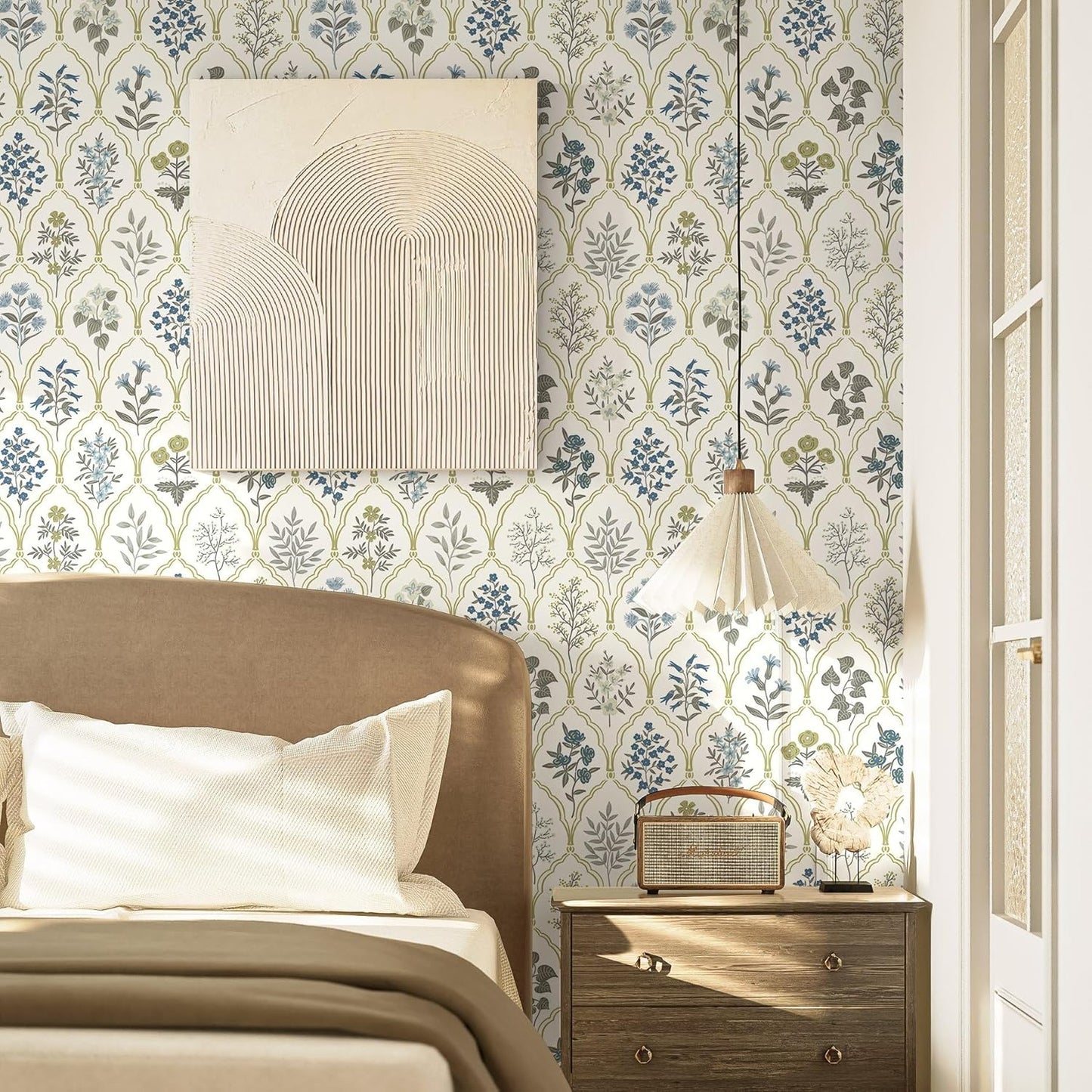 Dimoon 17.3''x78.7'' Vintage Peel and Stick Wallpaper Boho Beige Neutral Contact Paper White Floral Bird Wallpaper Removable Botanical Renter Friendly Modern Wall Paper Bedroom Bathroom Vinyl Roll