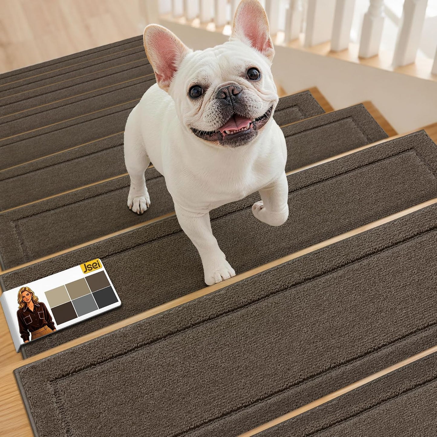 JSEI Stair Treads for Wooden Steps Indoor, 15-Pack Non Slip Stair Treads 30" x 8", Washable Polyester Stair Mats with TPE Backing, Low Profile Stair Rugs for Kids, Seniors and Dogs, Brown
