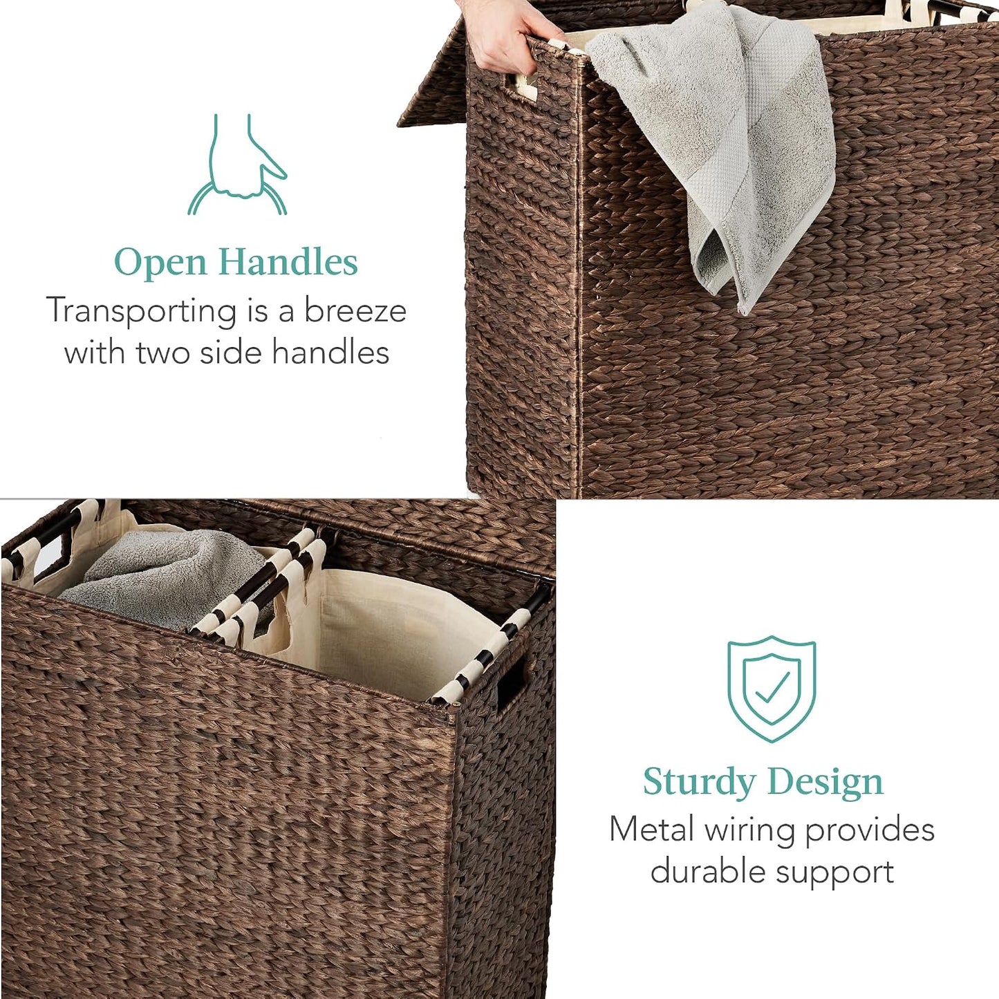 Best Choice Products Large Double Laundry Hamper with Lid, Natural Handwoven Water Hyacinth, 2 Sections w/ 2 Machine Washable Linen Liner Bags, Portable, Handles - Natural