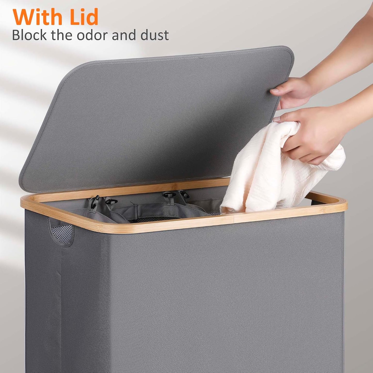 efluky Laundry Hamper with Lid, Trio Laundry Basket with 2 Removable Bags, 3 Section Laundry Bin with Bamboo Handles for Bathroom, Bedroom & Laundry Room, 160L (42.3 Gallon) Beige