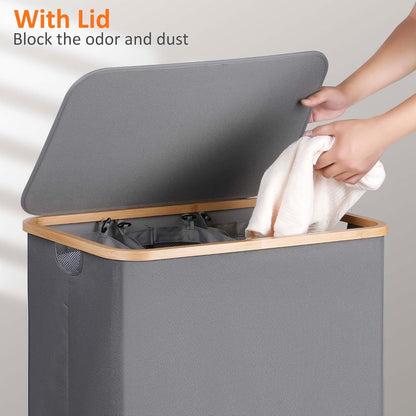 efluky Laundry Hamper with Lid, Trio Laundry Basket with 2 Removable Bags, 3 Section Laundry Bin with Bamboo Handles for Bathroom, Bedroom & Laundry Room, 160L (42.3 Gallon) Beige