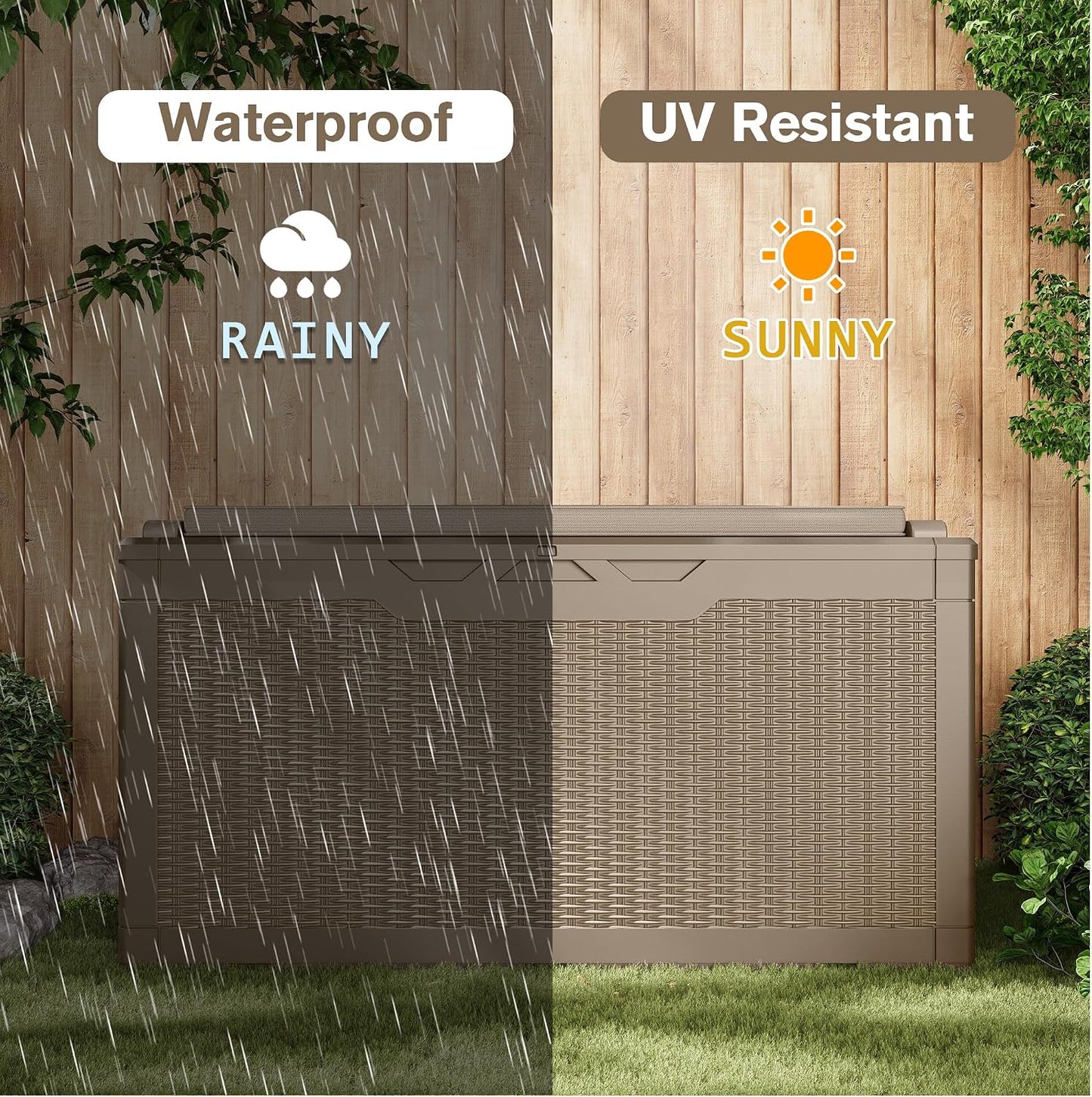 JUMMICO 31 Gallon Resin Deck Box Waterproof Indoor Outdoor Storage Boxes for Patio Furniture Cushions and Garden Tools (Brown)