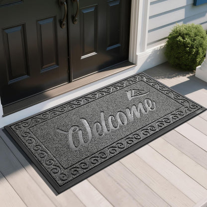 Yimobra Welcome Mat, Heavy Duty Sturdy Door Mats for Home Entrance Outdoor Indoor, Front Doormat for Outside Patio Floor Entry Porch Garage Office, Waterproof, Low Profile, 29.5x17, Black Grey