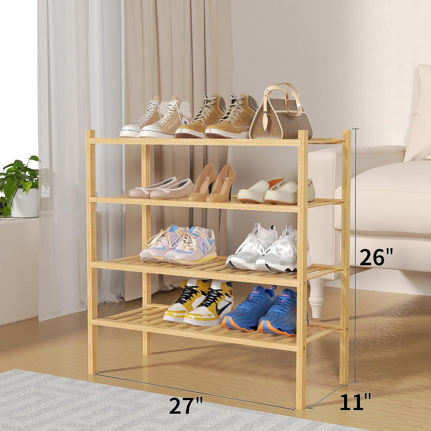 ROMGUAR CRAFT 3 Tier Bamboo Shoe Rack for Closet Free Standing Wood Shoe Shelf Storage Organizer for Entryway Small Space Stackable 27"x11"x20" (Natural)