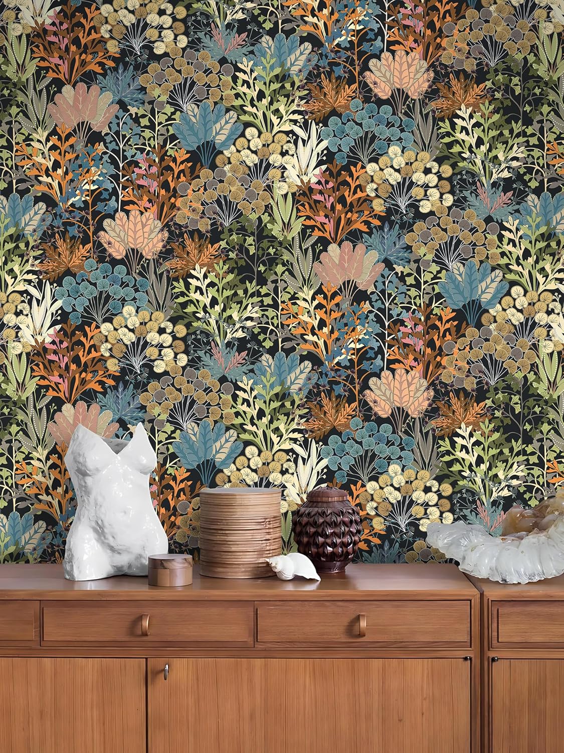 Wallpaper Peel and Stick Floral Wall Paper Removable Waterproof Navy/Pink/Orange Contact Paper for Bedroom, Bathroom,Bathroom, Home Wall 17.3" x 118"